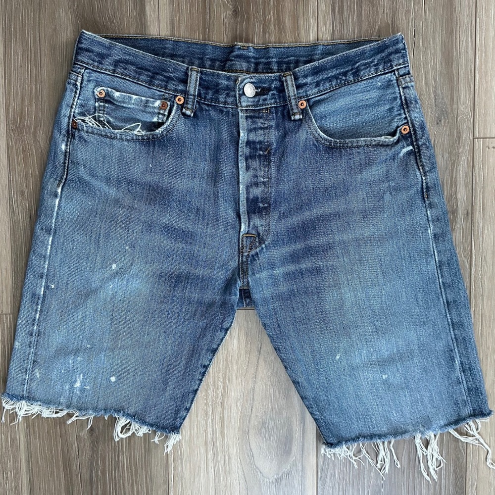 Levis 501 Custom Cut Off Denim Shorts Jorts Medium Wash Distressed Button Fly